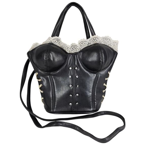 GOTHIC STYLE WOMEN’S BLACK PATENT CORSET HANDBAG W/ STUDS & LACING - Picture 1 of 13